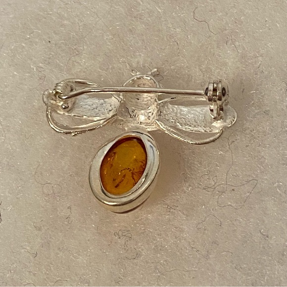 VINTAGE SIGNED CV BROOCH PIN STERLING SILVER AMBER STONE YELLOW ORANGE BEE - Picture 7 of 9